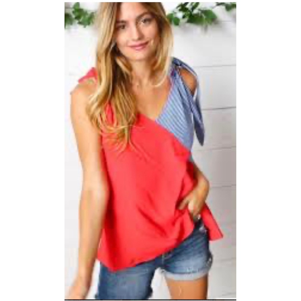 Sugarfox Striped Colorblock Tie Shoulder Top Women 1X Red Blue Coastal July 4th